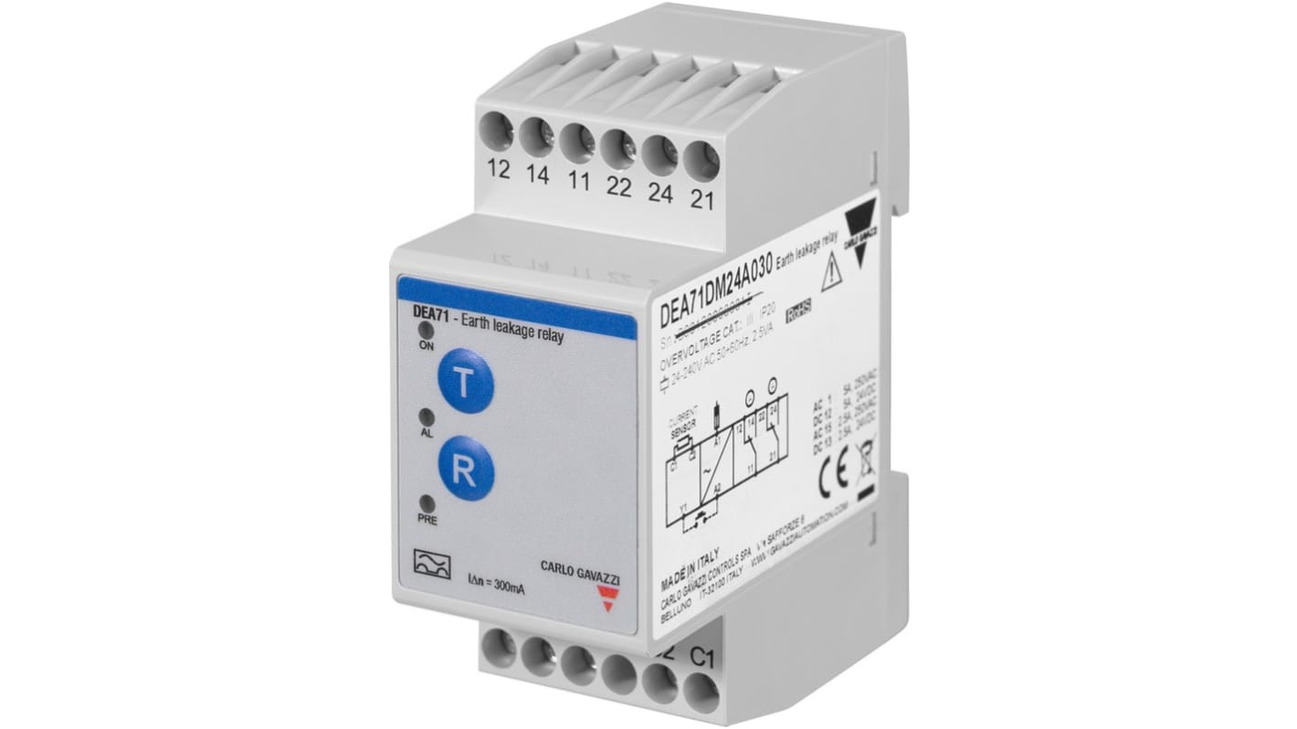 Relè differenziale Carlo Gavazzi DEA71DM24A030, protezione contro guasti di isolamento, montaggio su guida DIN, dimensioni 67.7 x 35.5 x 81 mm.