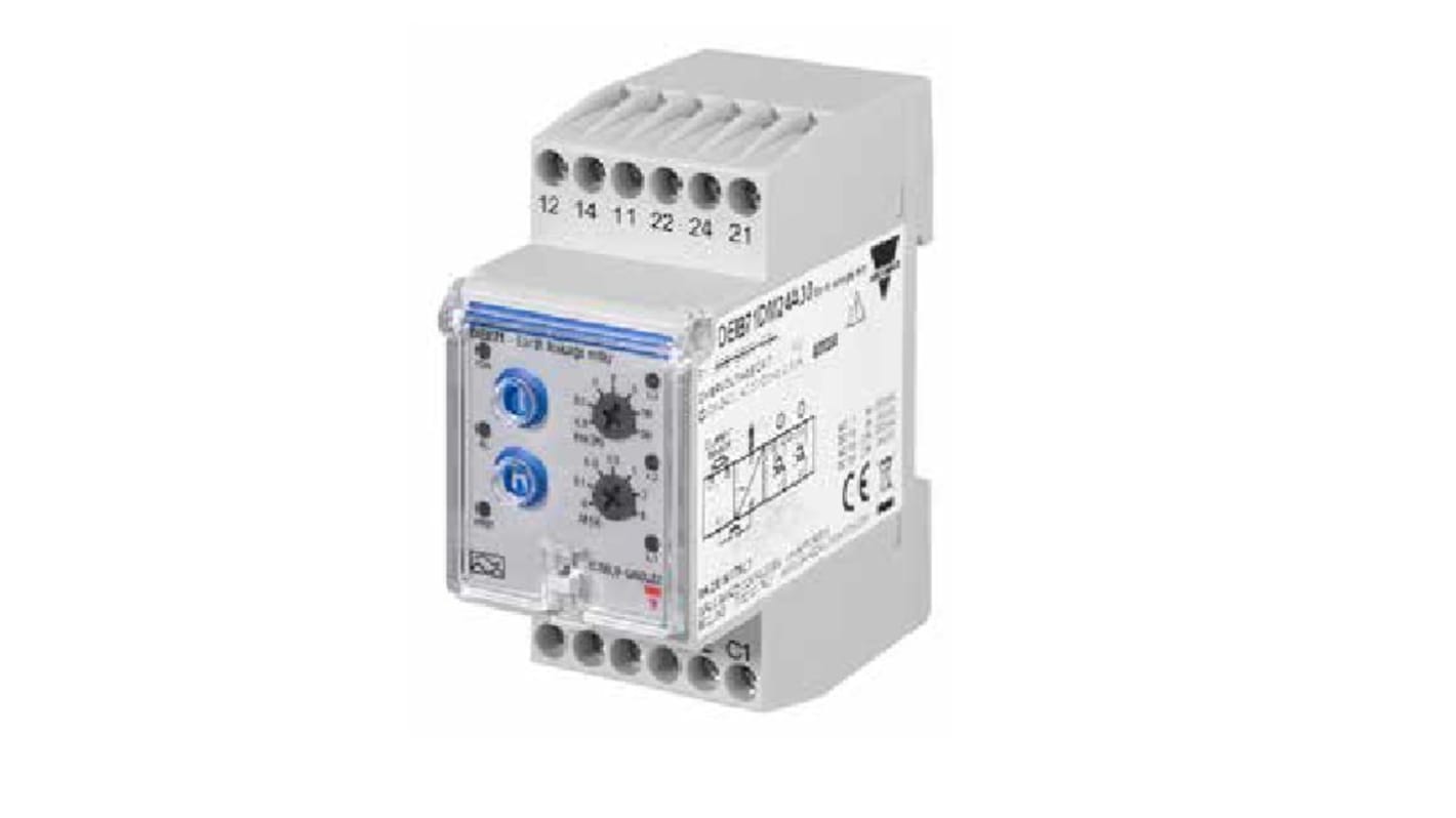 Relè di dispersione Carlo Gavazzi DEB71DM24A30, monitoraggio perdite di terra, montaggio su guida DIN, dimensioni 70.4 x 35.5 x 81 mm.