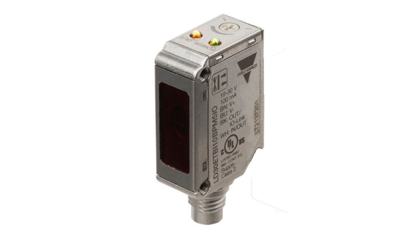 Sensore fotoelettrico rettangolare Carlo Gavazzi LD30ETBI10BPM5IO, rilevamento fino a 1 m, uscita PNP/NPN, connettore M8 a 4 pin.