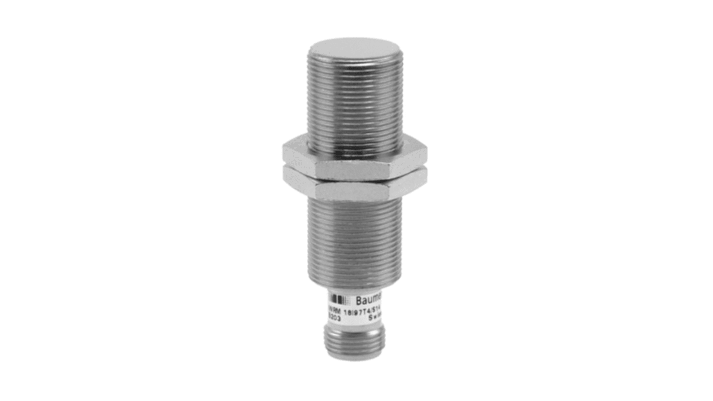 Sensore di prossimità induttivo cilindrico Baumer IWRM 12U9704/S14, montaggio a filo, connettore M12, rilevamento 4 mm, IP67.