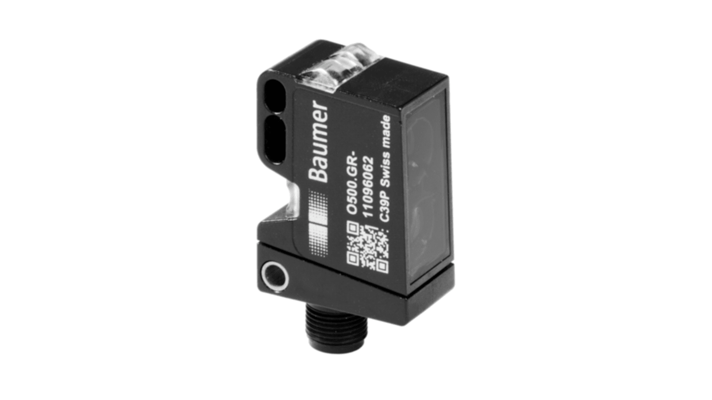 Sensore fotoelettrico Baumer O500.RP-GW1B.72O a retroriflessione, gamma di rilevamento 8 mm, con connettore M12 a 4 pin.