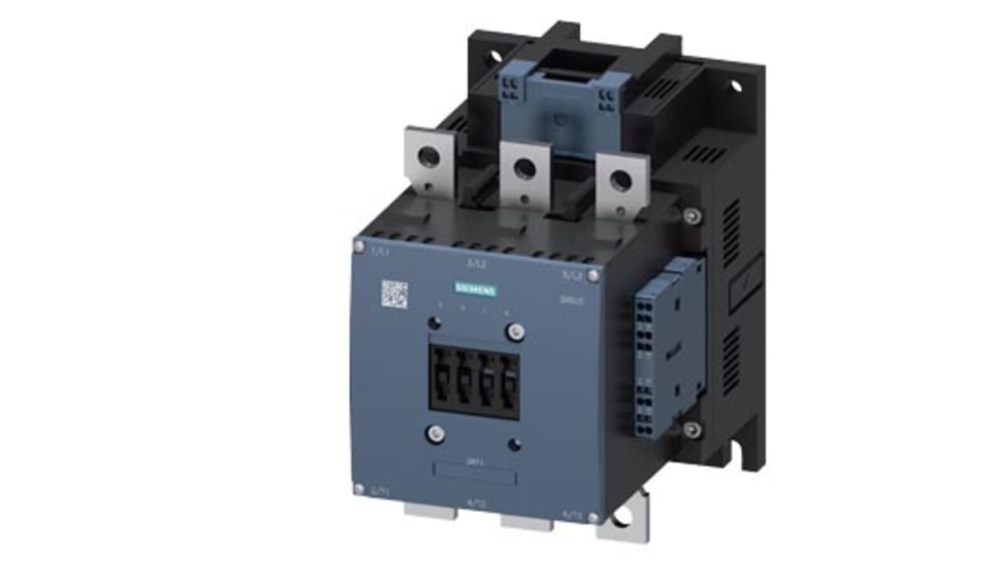 Contattore reversibile Siemens 3RT1064-2AP36, 3 poli, 2 NO + 2 NC, potenza 110 kW, corrente 225 A, tensione 400 V.