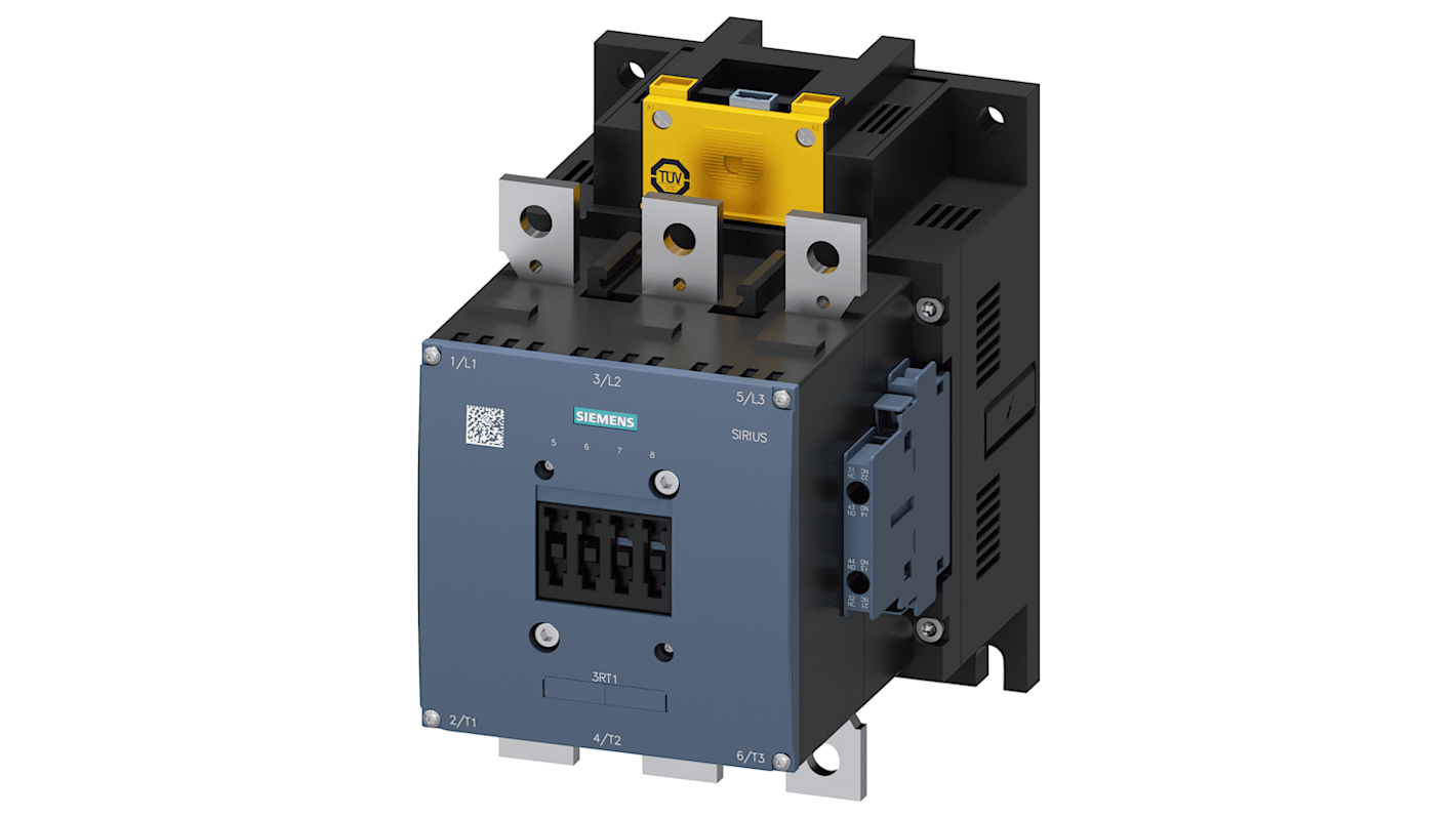 Contattore reversibile Siemens 3RT1064-6SP36, 3 poli, 2 NO + 2 NC, potenza 110 kW, tensione 200-277 V, corrente 225 A.