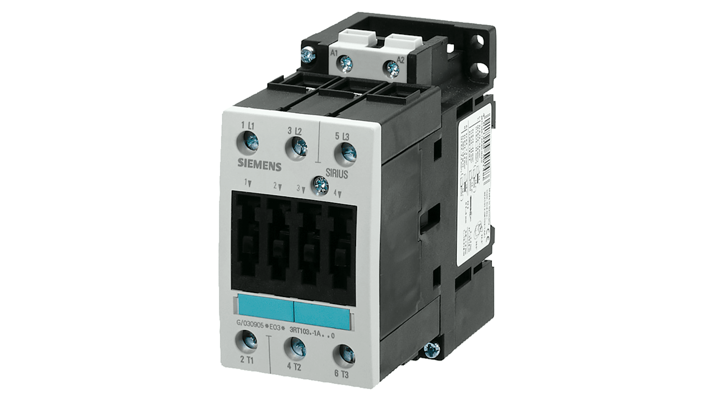 Contattore reversibile Siemens 3RT2027-1AH00, 3 poli, 1 NO + 1 NC, potenza 15 kW, 32 A, 400 V, sistema Sirius.