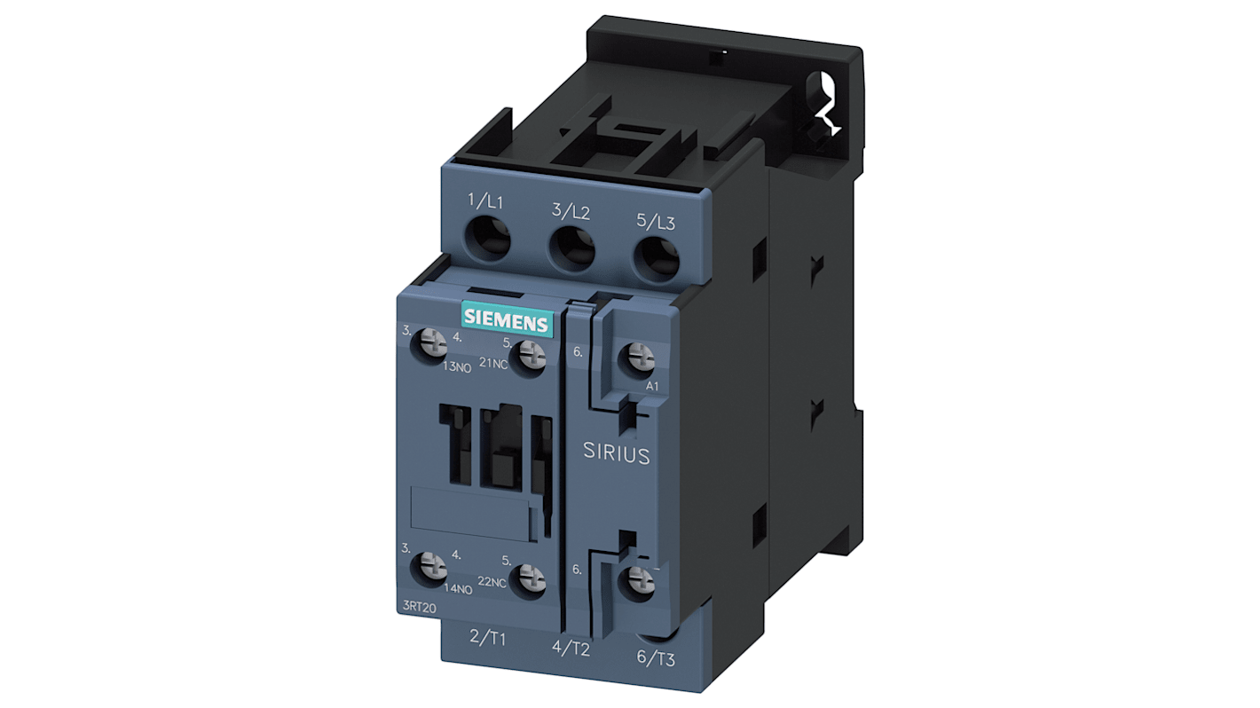 Contattore reversibile Siemens 3RT2027-1AH20, 3 poli, 1 NO + 1 NC, potenza 15 kW, tensione 400 V, morsetti a vite.