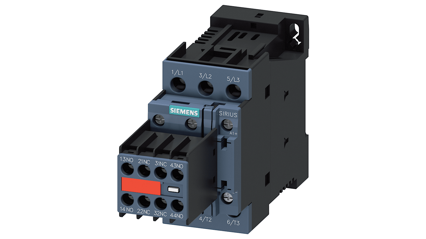Contattore reversibile Siemens 3RT2027-1DB44-3MA0, 3 poli, 15 kW, 32 A, 400 V, con varistore e terminale a vite.