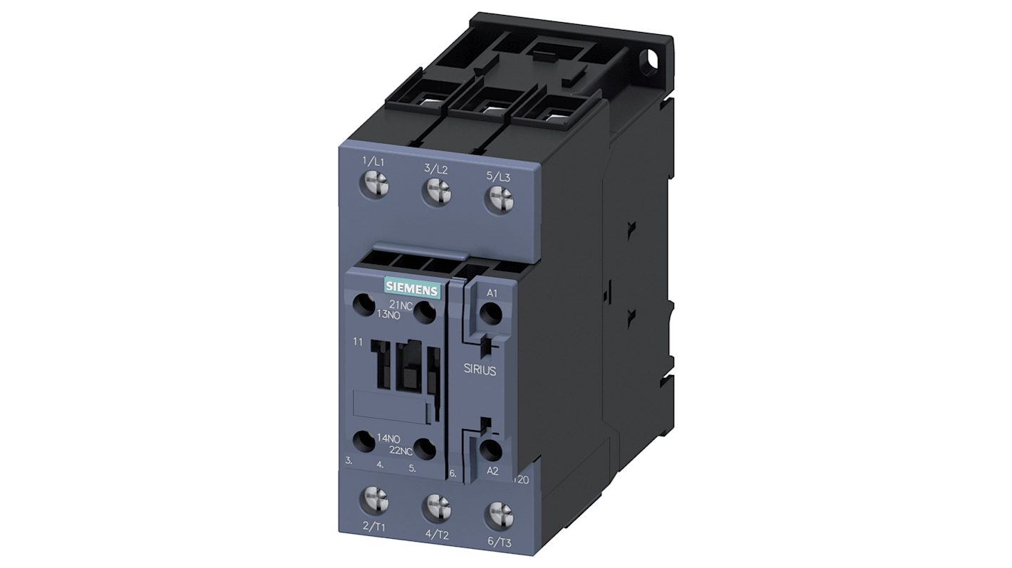 Contattore reversibile Siemens 3RT2035-1AH20, 3 poli, 1 NO + 1 NC, potenza 18,5 kW, 40 A, 400 V, terminali a vite.