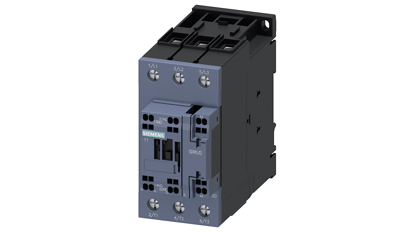 Contattore reversibile Siemens 3RT2035-3AF00, 3 poli, 1 NO + 1 NC, potenza 18,5 kW, 40 A, tensione 400 V, parte del sistema Sirius.