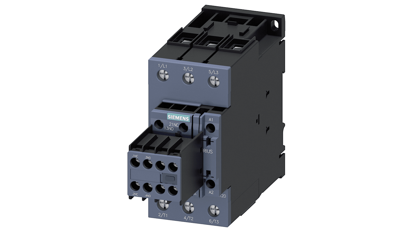 Contattore reversibile Siemens 3RT2036-1AL24, 3 poli, 22 kW, 50 A, 400 V, parte del sistema Sirius, per motori di commutazione.