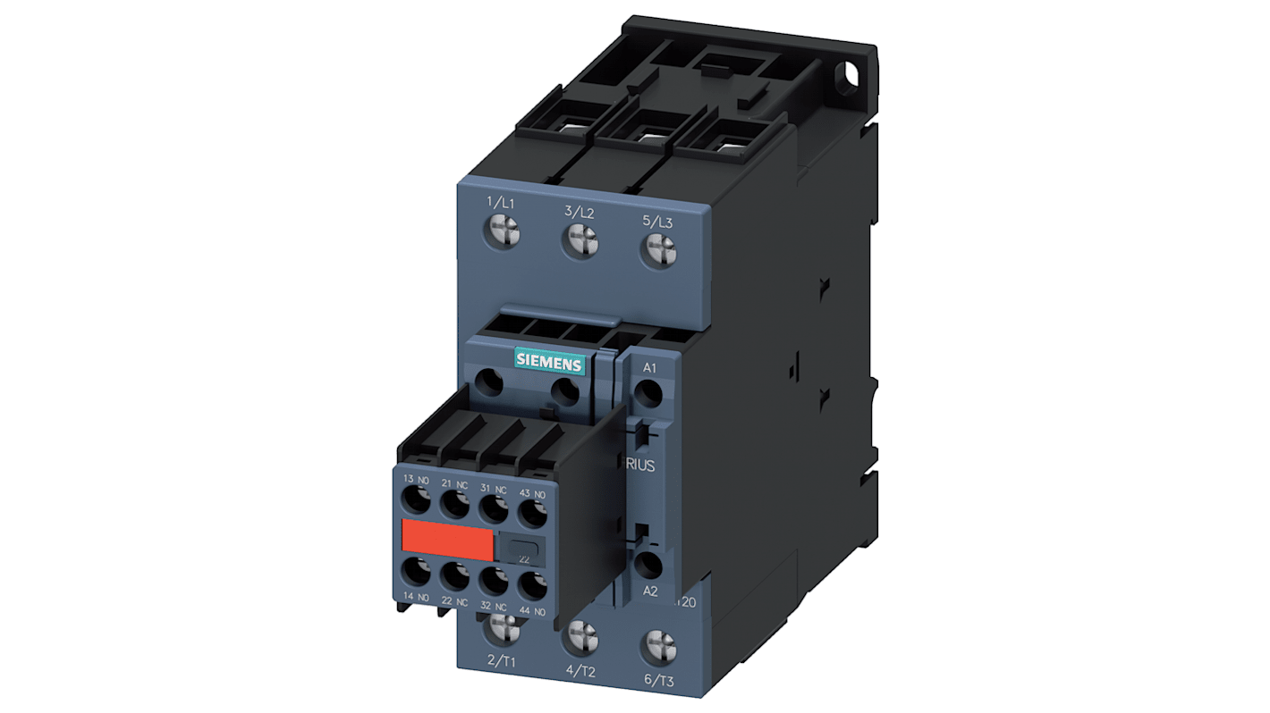 Contattore reversibile Siemens 3RT2036-1KB44-3MA0, 3 poli, 22 kW, 50 A, 400 V, alimentazione 24 V c.c., design compatto.
