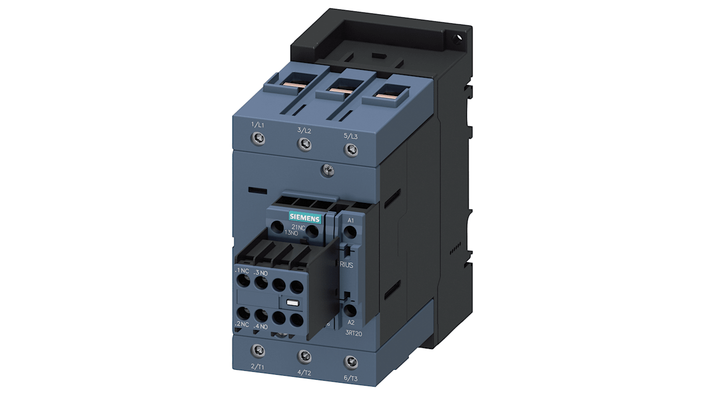 Contattore reversibile Siemens 3RT2045-1AP04, 3 poli, 2 NO + 2 NC, potenza 37 kW, 80 A, 400 V, terminali a vite.