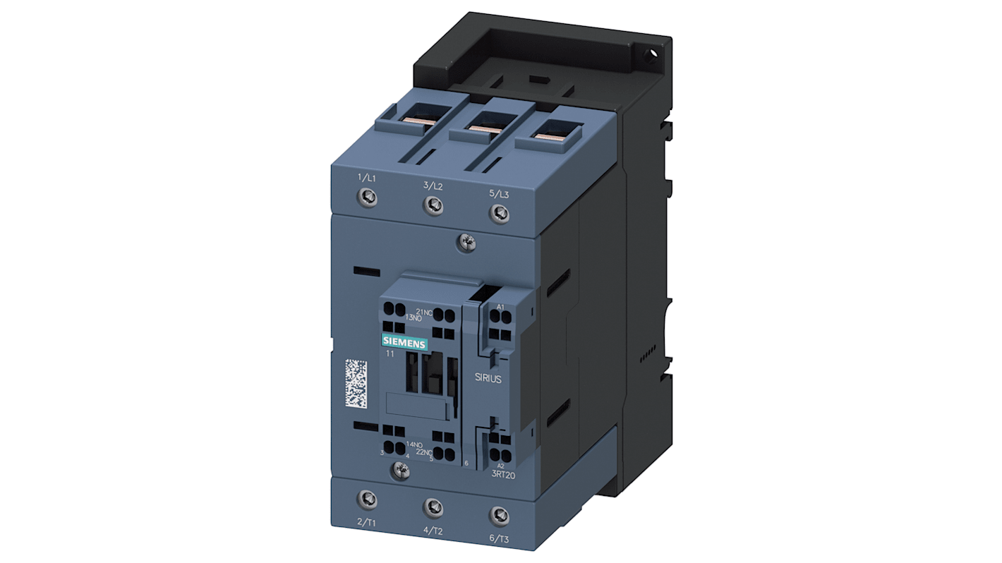 Contattore reversibile Siemens 3RT2045-3KB40, 3 poli, 1 NO + 1 NC, potenza 37 kW, tensione 400 V, design compatto.