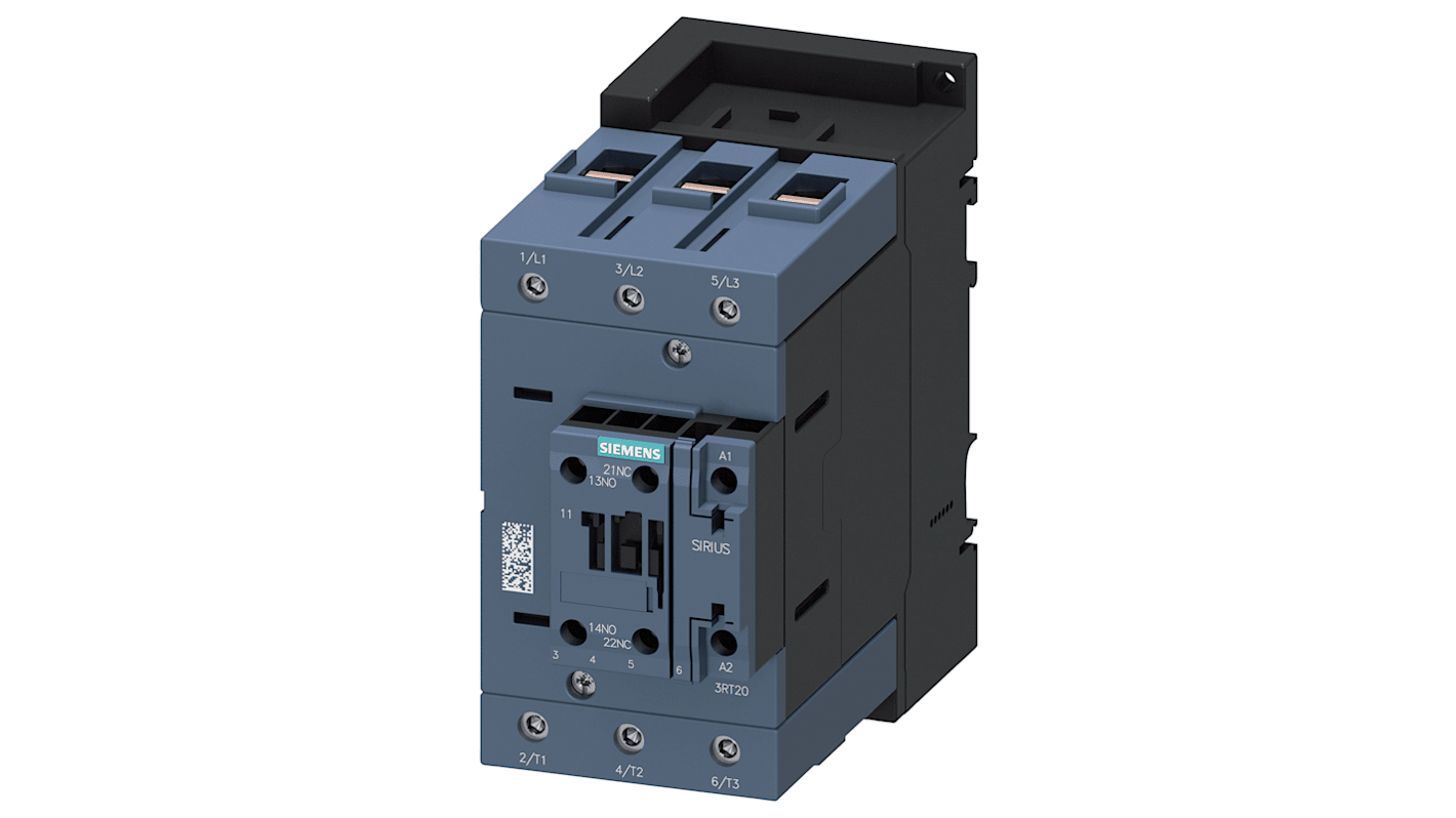 Contattore reversibile Siemens 3RT2046-1AG20, 3 poli, 1 NO + 1 NC, potenza 45 kW, tensione 400 V, per motori AC.