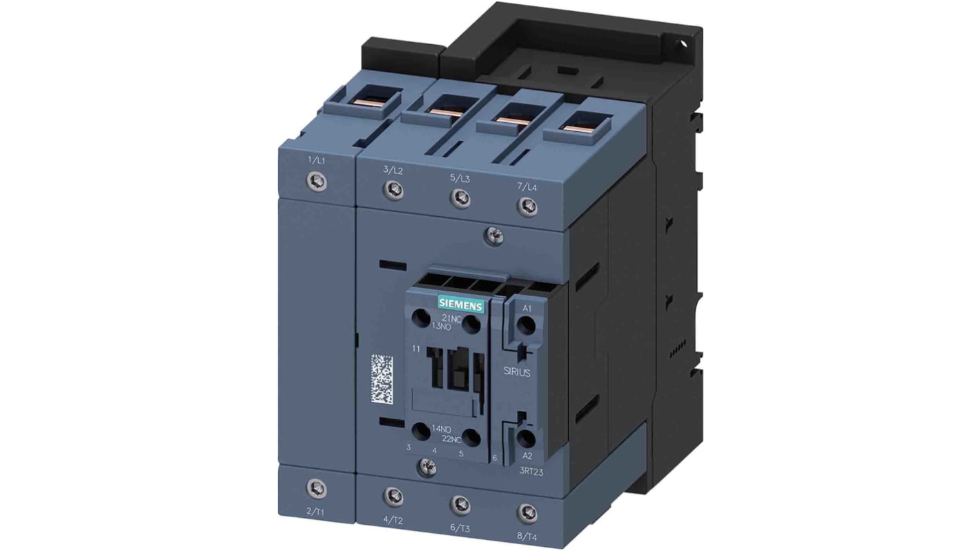 Contattore reversibile Siemens 3RT2344-1AP00, 4 poli, 110 A, 400 V, per carichi resistivi, montaggio a vite.