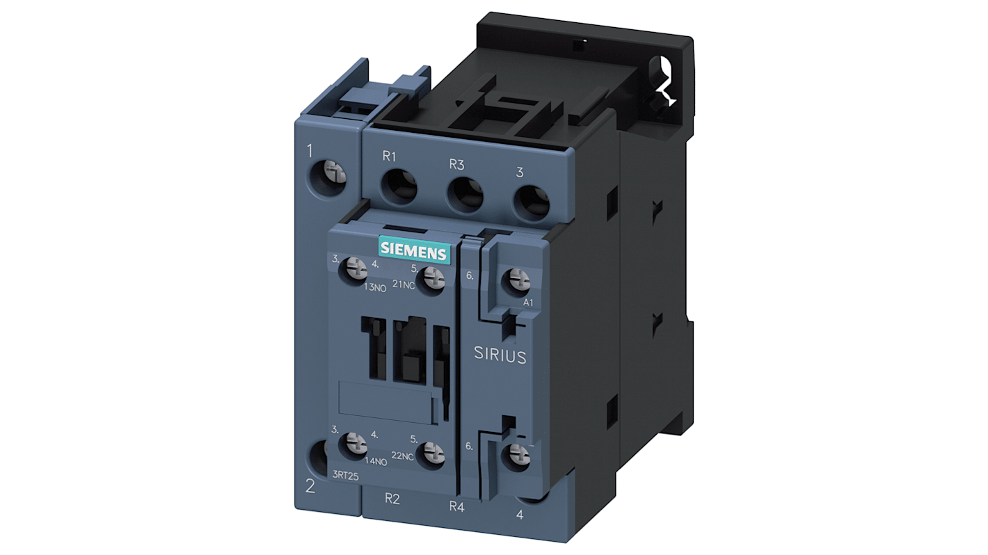 Contattore reversibile Siemens 3RT2526-1AH20, 4 poli, 2 NO + 2 NC, potenza 11 kW, tensione 400 V, morsetti a vite.