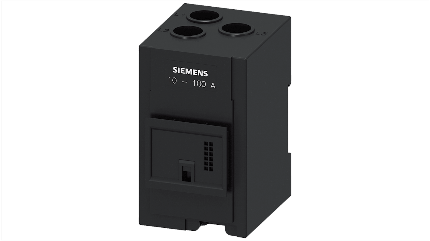 Trasformatore di corrente Siemens 3RB2906-2JG1, montaggio autonomo, corrente nominale 10-100 A, dimensioni 94.1 x 54.8 mm.