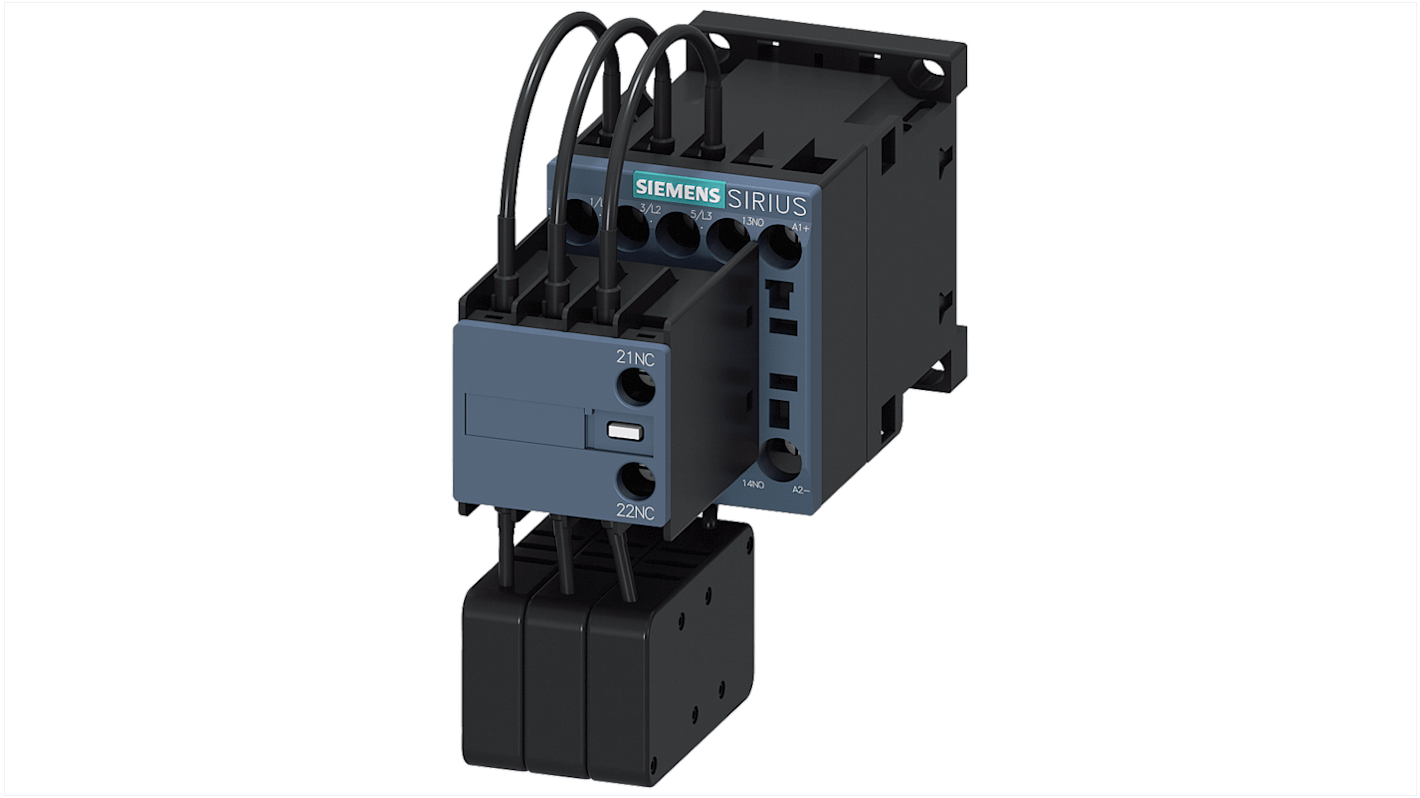 Contattore Siemens 3RT2617-1BB43 per commutazione condensatore, 3 poli, 1 contatto NC, 1 contatto NO, 24 V c.c., 18 A, dimensione S00.