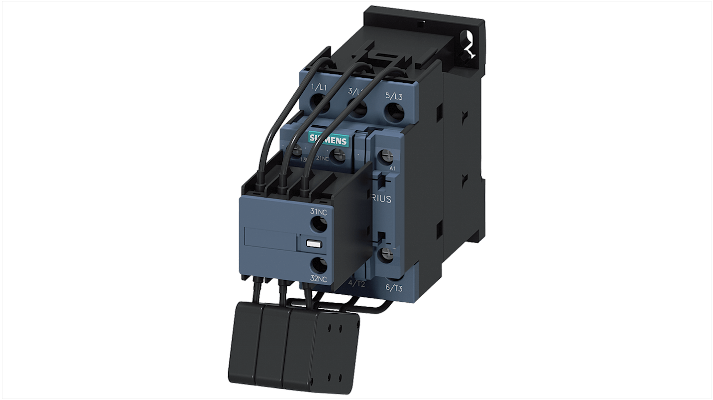 Contattore Siemens 3RT2627-1AC25, 3 poli, 36 A, 24 V c.a., progettato per carichi capacitivi, con terminali a vite.