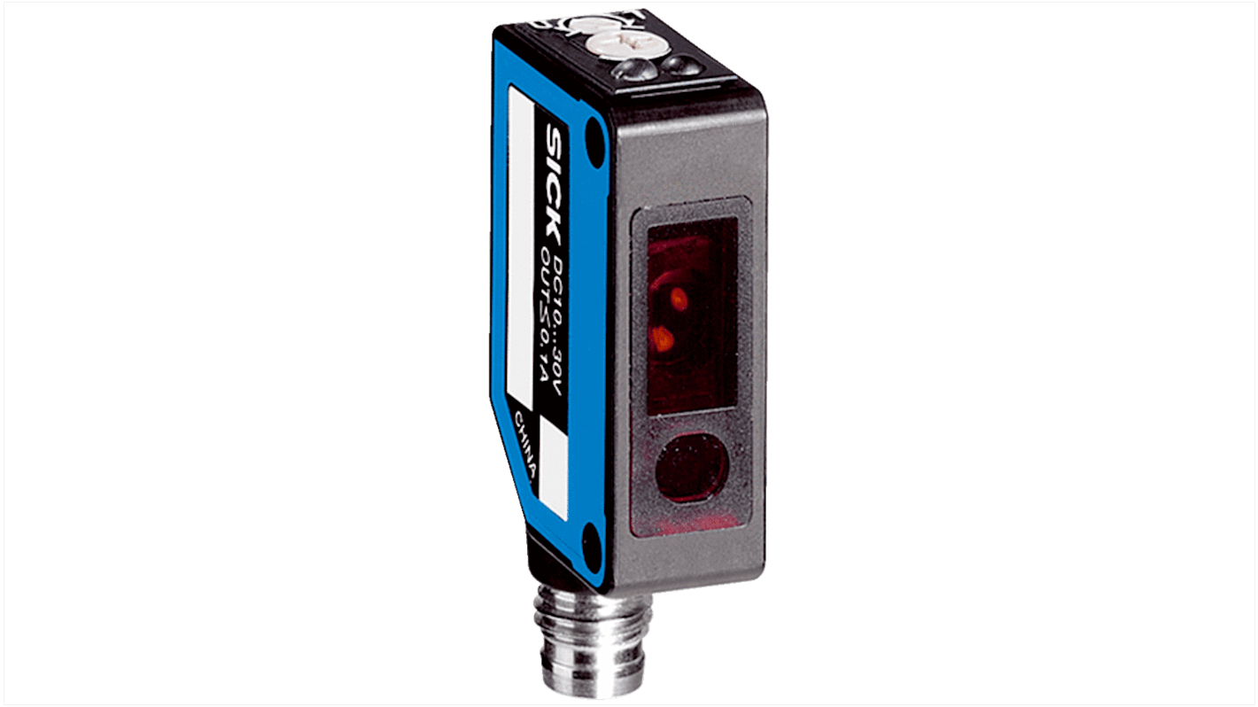 Sensore fotoelettrico Sick WTB8-N2231, rettangolare, rilevamento 30-300 mm, uscita NPN, IP67, montaggio con staffa in acciaio inox.