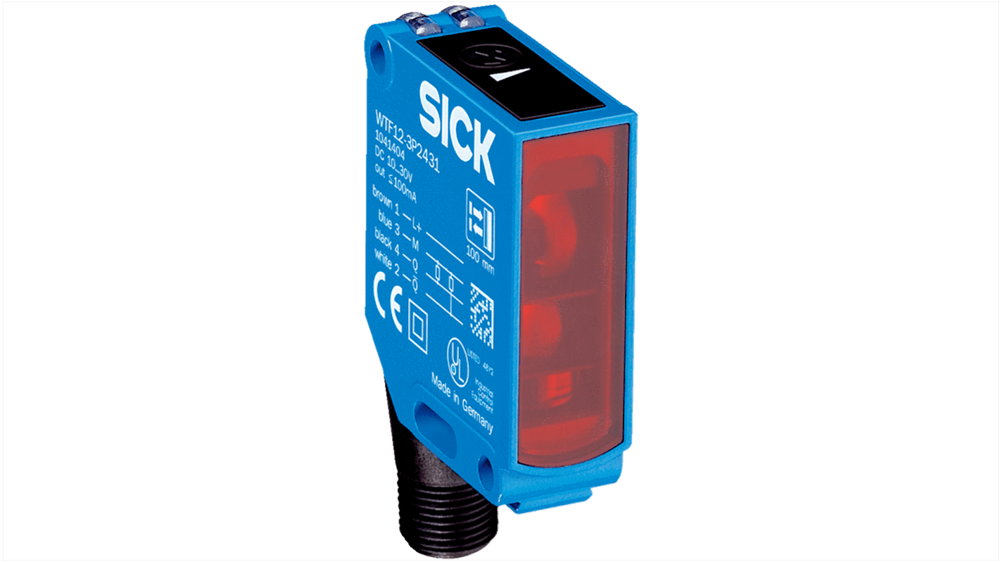 Sensore fotoelettrico rettangolare Sick WTF12-3N2431, con gamma di rilevamento 30-175 mm, uscita NPN e connettore M12. Grado di protezione IP66/IP67/IP69K.