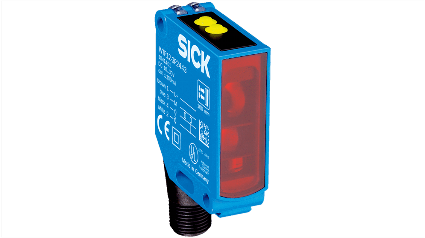 Sensore fotoelettrico rettangolare Sick WTF12-3P2443, rilevamento 30-500 mm, uscita PNP, connettore M12, IP66/IP67.