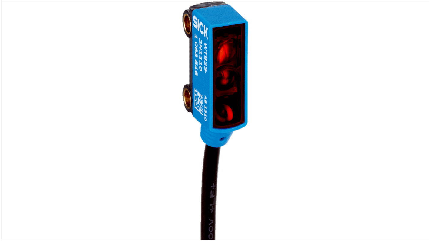 Sensore fotoelettrico Sick WTV2S-2P3225 rettangolare con soppressione di sfondo, rilevamento 1-36 mm, uscita PNP, IP67.