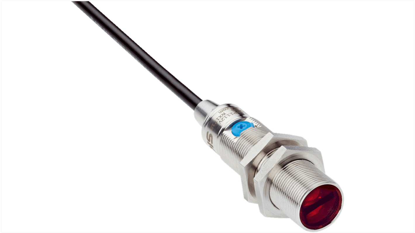Sensore fotoelettrico cilindrico Sick GRTB18-P1112V, rilevamento 3-300 mm, uscita PNP, IP67/IP68/IP69K, acciaio inox, filettatura M18.
