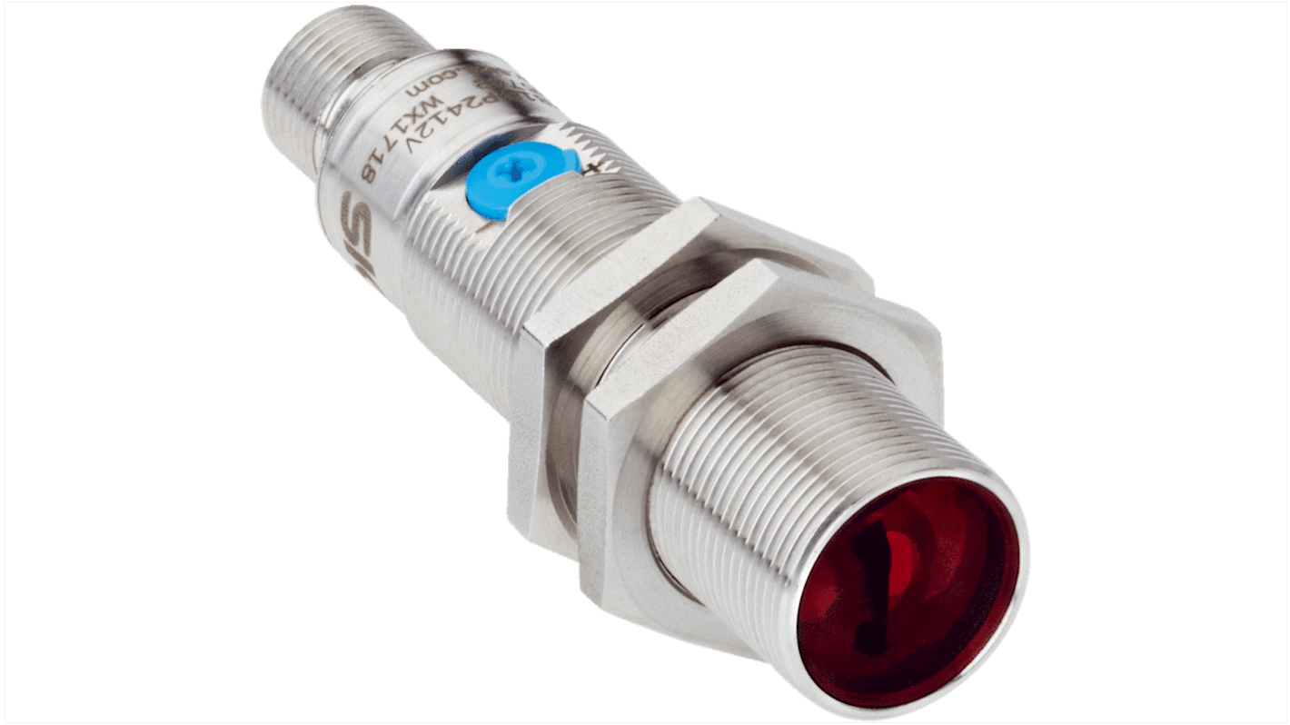 Sensore fotoelettrico cilindrico Sick GRTB18-P2412V, rilevamento 3-300 mm, uscita PNP, connettore M12, grado di protezione IP67/IP68/IP69K.
