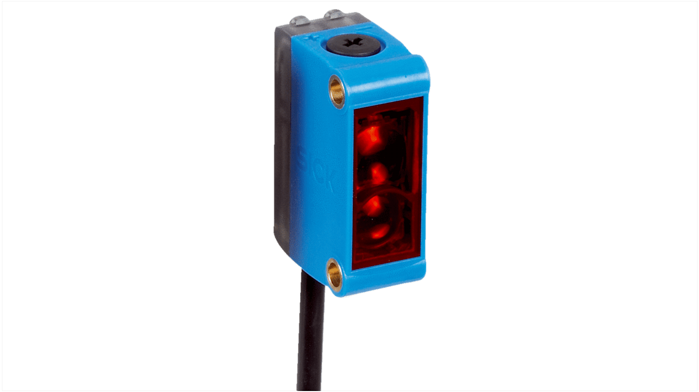 Sensore fotoelettrico rettangolare Sick GTB6-N1211, rilevamento 5-250 mm, uscita NPN, IP67, montaggio con inserti filettati.