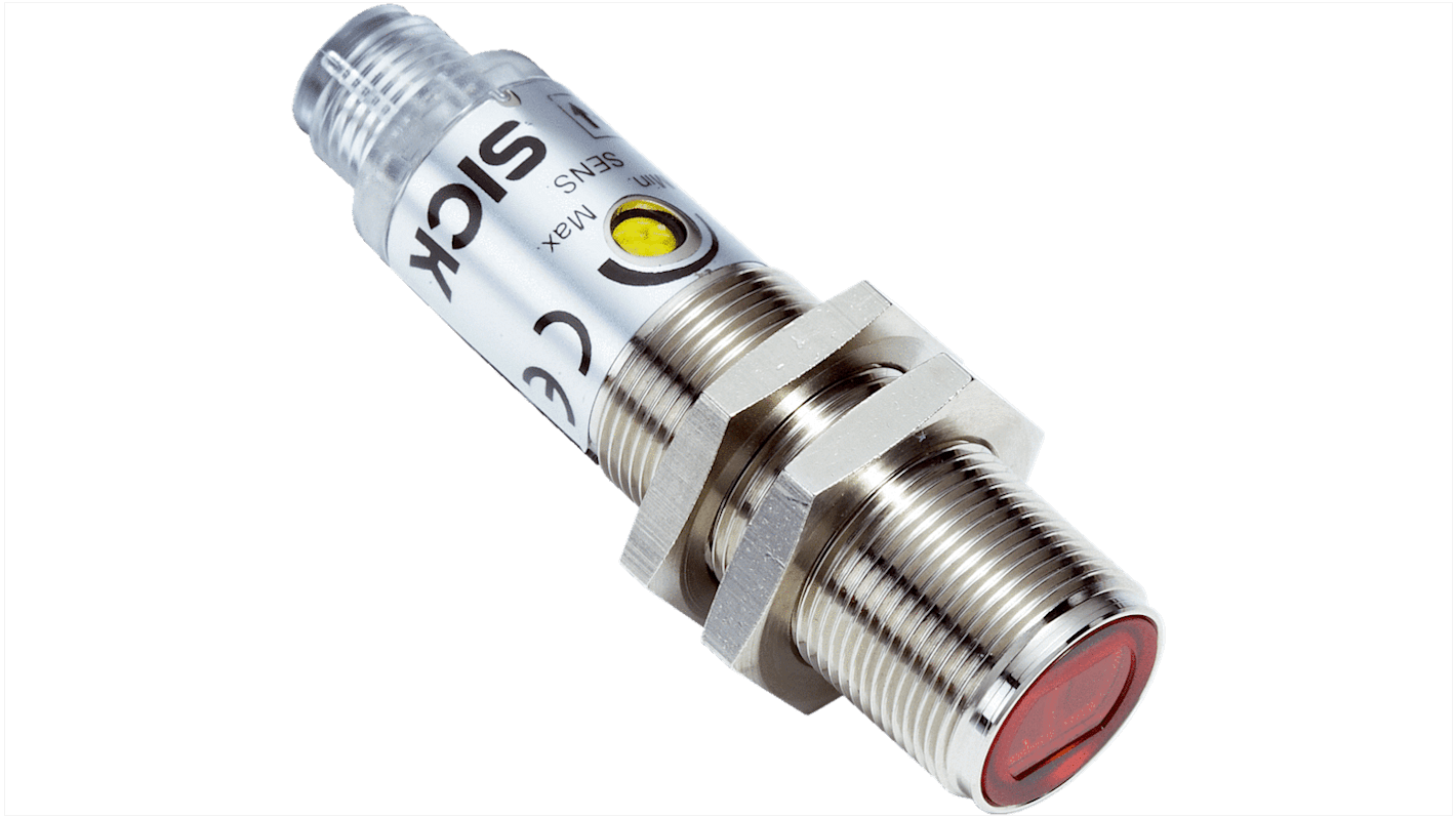 Sensore fotoelettrico cilindrico Sick VTF180-2F32412, rilevamento 1-140 mm, uscita PNP, connettore M12, IP67.