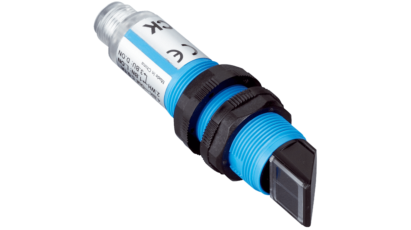 Sensore fotoelettrico cilindrico Sick VTF180-2F32419, rilevamento 1-130 mm, uscita PNP, grado di protezione IP67.