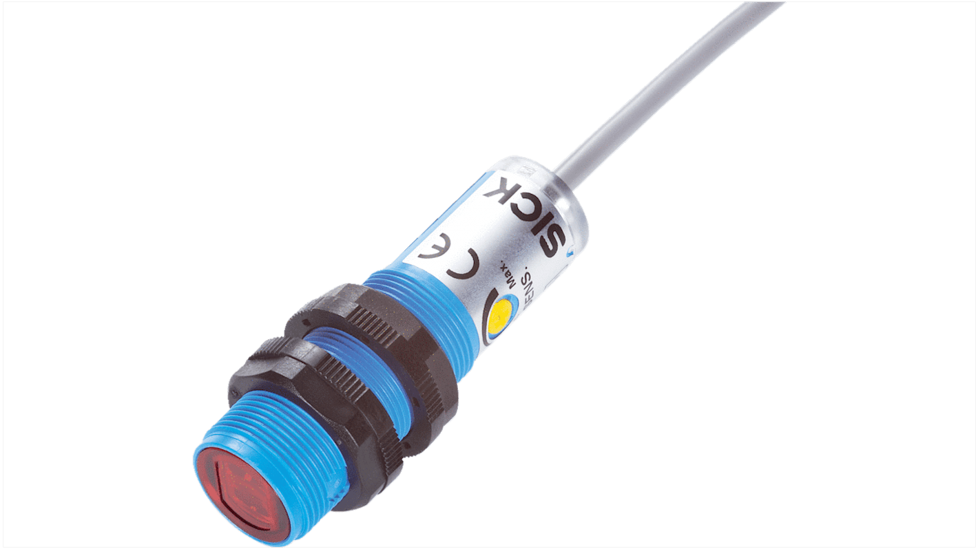 Sensore fotoelettrico cilindrico Sick VTF180-2N41117, rilevamento 1-140 mm, uscita NPN, IP67, temperatura -25°C/+55°C.