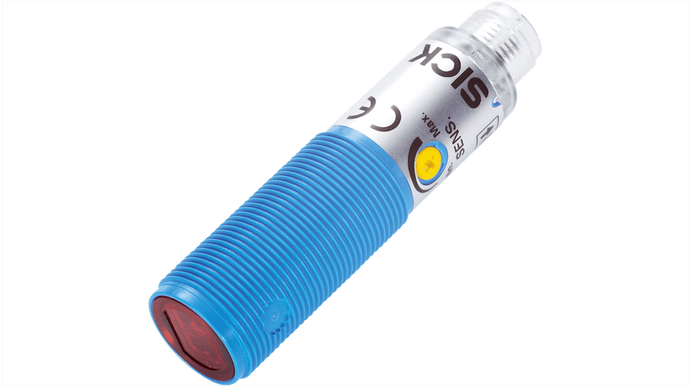 Sensore fotoelettrico cilindrico Sick VTF180-2N42417, rilevamento 1-140 mm, uscita NPN, grado di protezione IP67.
