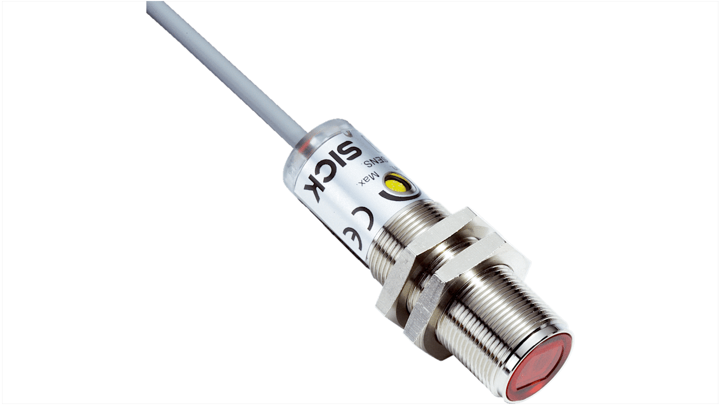 Sensore fotoelettrico cilindrico Sick VTF180-2P41112, rilevamento 1-140 mm, uscita PNP, IP67, temperatura -25°C/+55°C.
