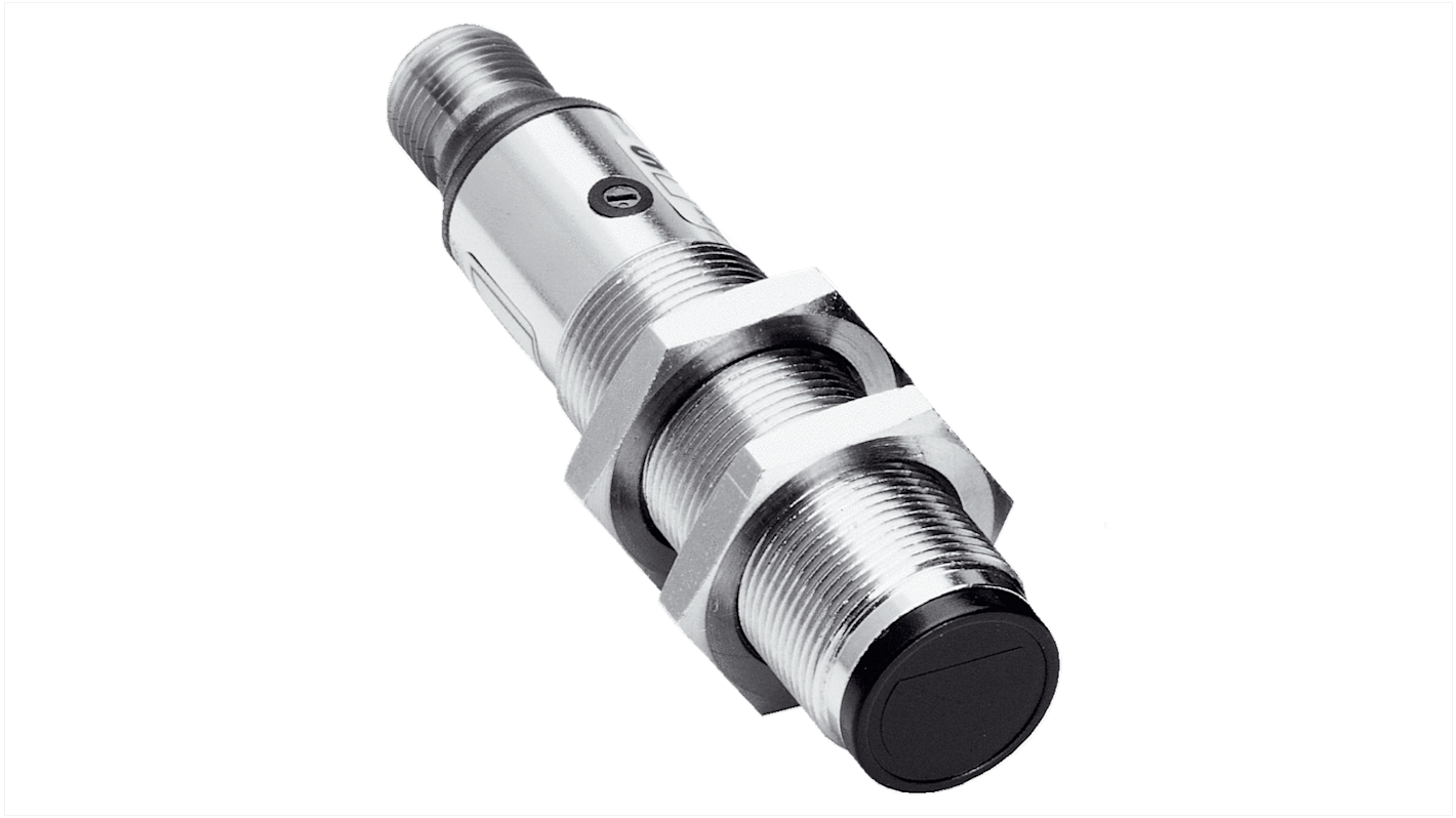 Sensore fotoelettrico cilindrico Sick VTF18-4N1240, rilevamento 3-100 mm, uscita NPN, connettore M12, IP67.