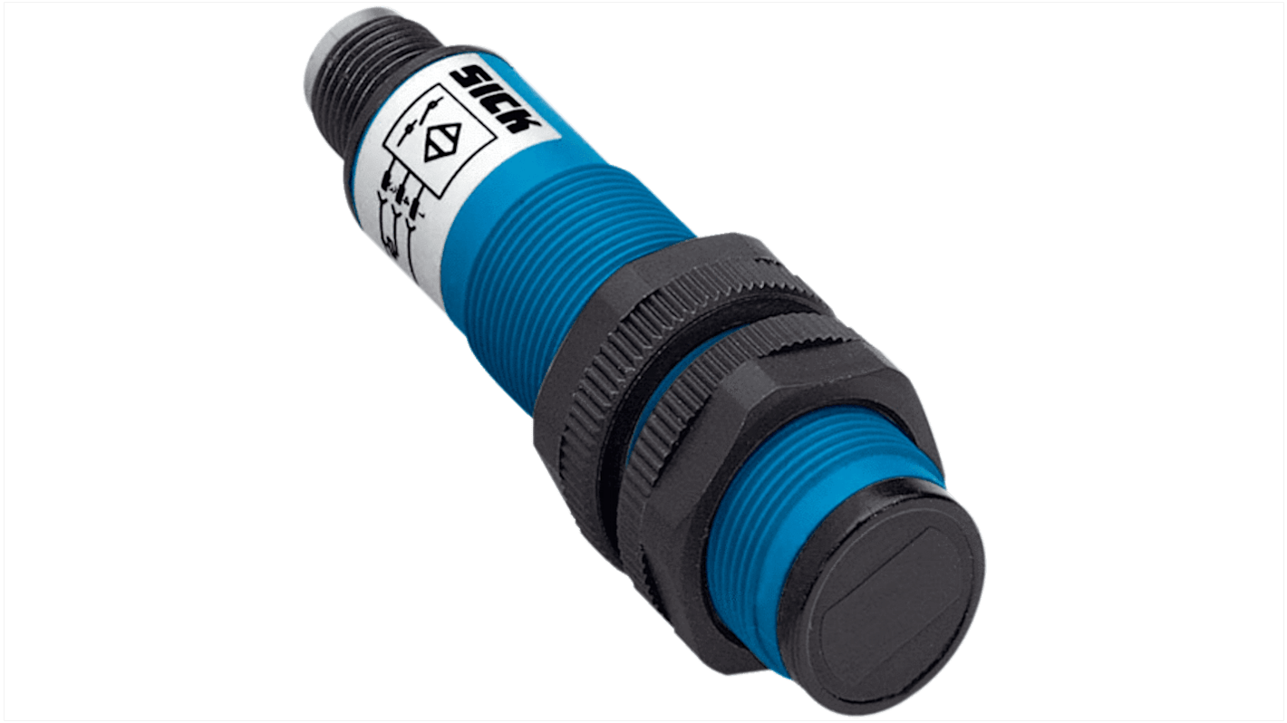 Sensore fotoelettrico cilindrico Sick VTF18-4P1740, rilevamento 3-100 mm, uscita PNP, connettore M12, IP67.