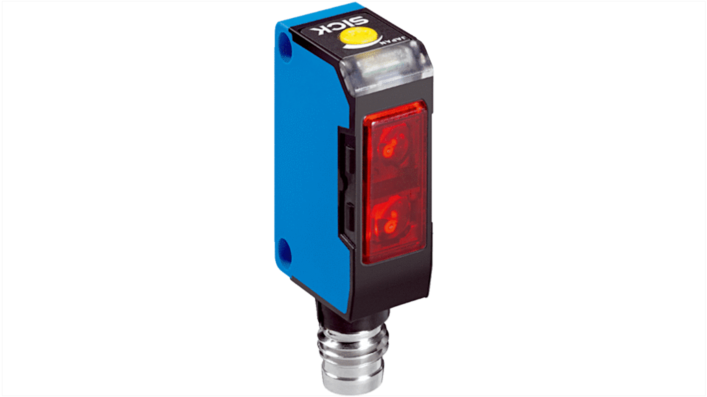 Sensore fotoelettrico rettangolare Sick WT150-N162, rilevamento 2-100 mm, uscita NPN, IP67, temperatura -25°C/+55°C.