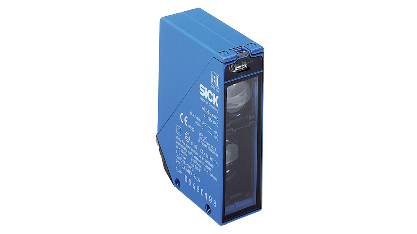 Sensore fotoelettrico Sick WT24-2X200, rettangolare, rilevamento 40 mm a 2 m, uscita NAMUR, IP 67, temperatura -20/+60 °C.