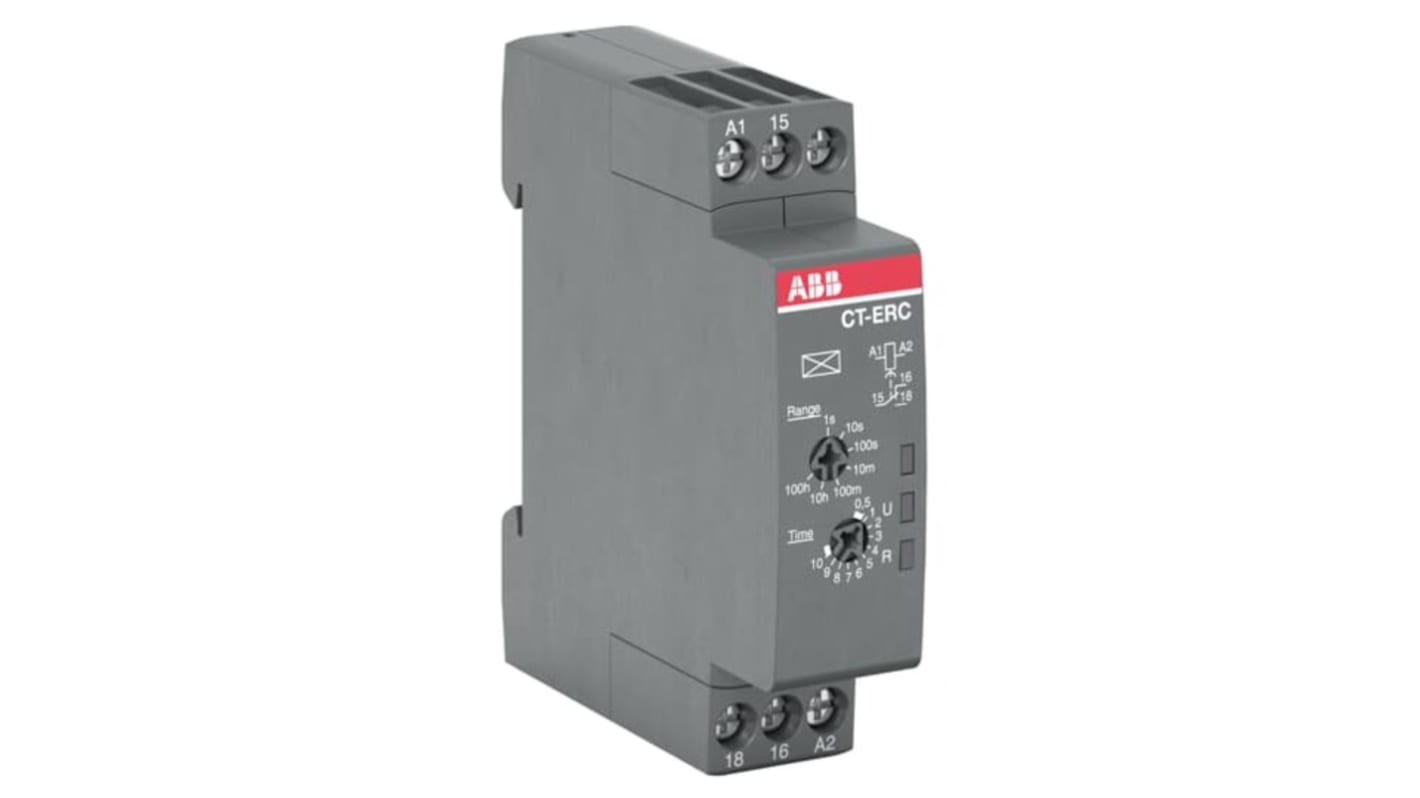 Relè timer ABB 1SVR508100R0000, montaggio su guida DIN, tensione 24-240 V, ritardo fino a 100 h, dimensioni 17,5 x 63 mm.