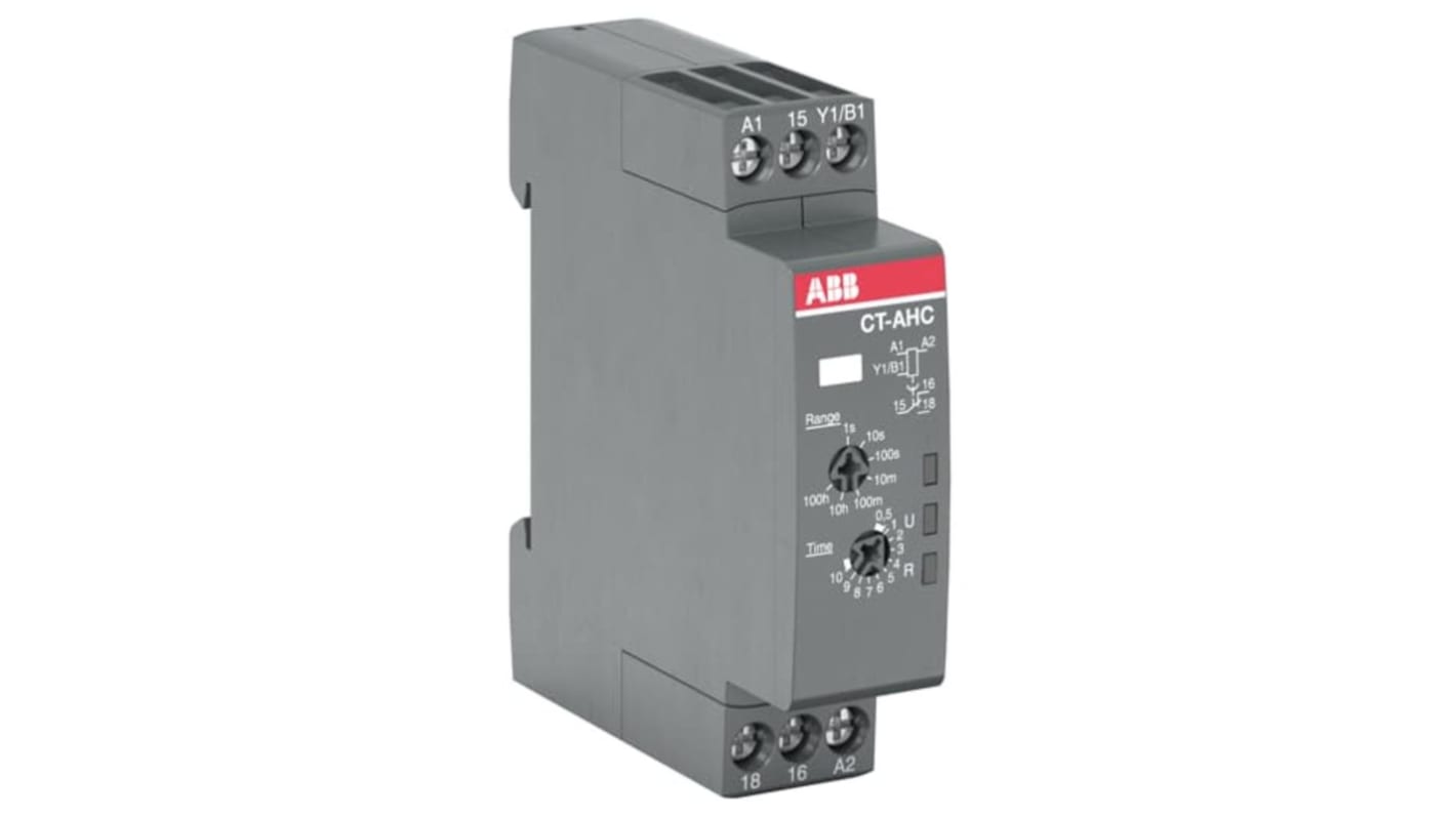 Relè timer ABB CT-AHC.12, montaggio su guida DIN, intervallo 0.05 s - 100 h, 1 contatto SPDT, dimensioni 17.5 x 70 x 63 mm.
