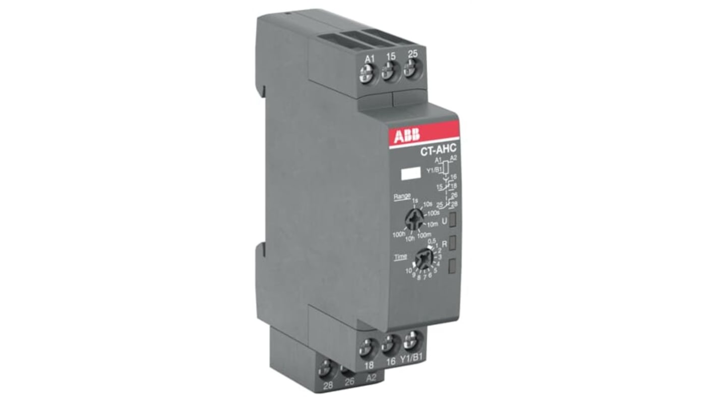 Relè timer ABB, 2 contatti SPDT, montaggio su guida DIN, intervallo di temporizzazione 0,05 s - 100 h, dimensioni 17,5 x 80 x 63 mm.