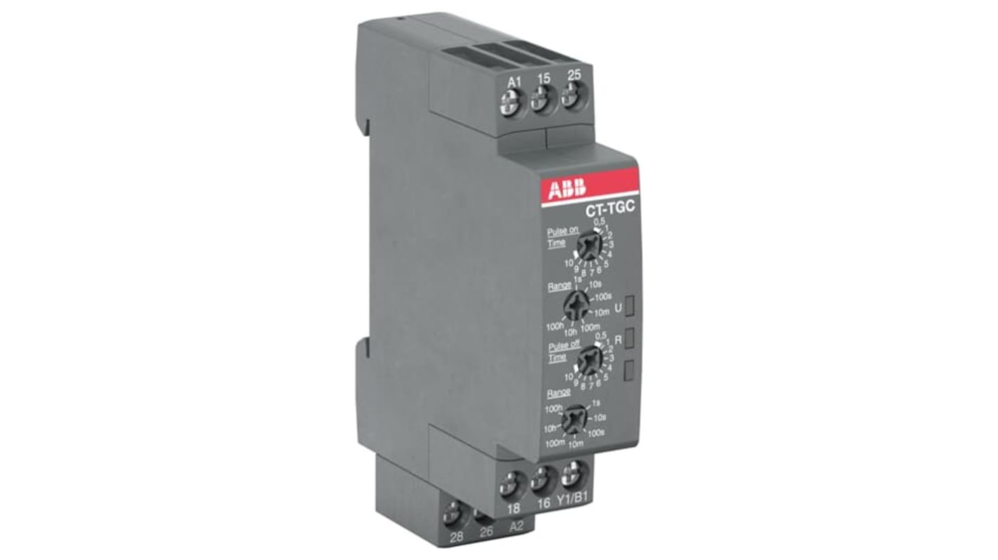 ABB Timer Relay a innesto per guida DIN, intervallo 0.05s-100h, 2 poli, 24-240V, dimensioni 17.5x63x63mm.