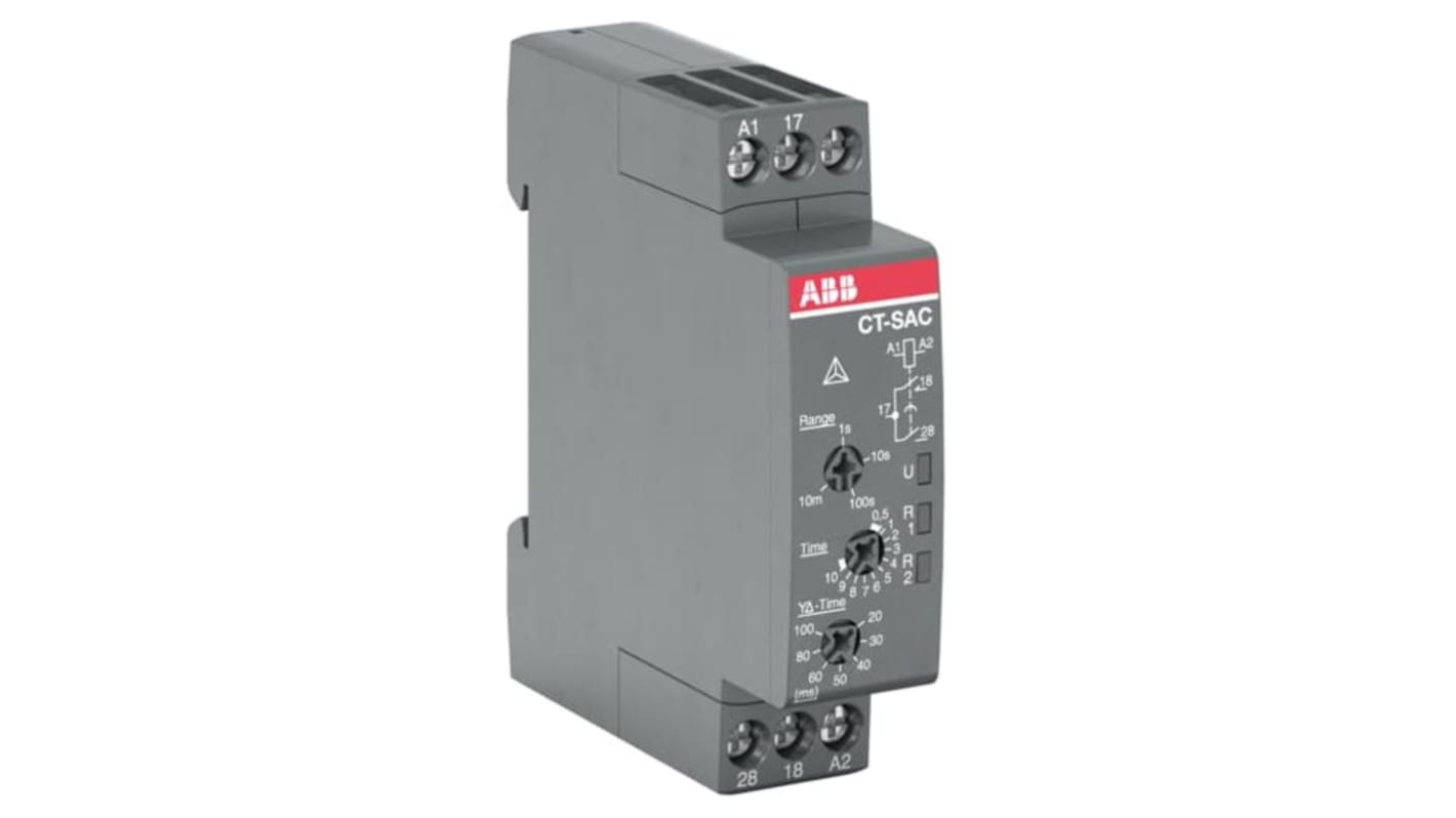 ABB Timer Relay a innesto per guida DIN, intervallo di temporizzazione 0,05s-10min, 24-240V, 4A, dimensioni 17,5x63x63mm.