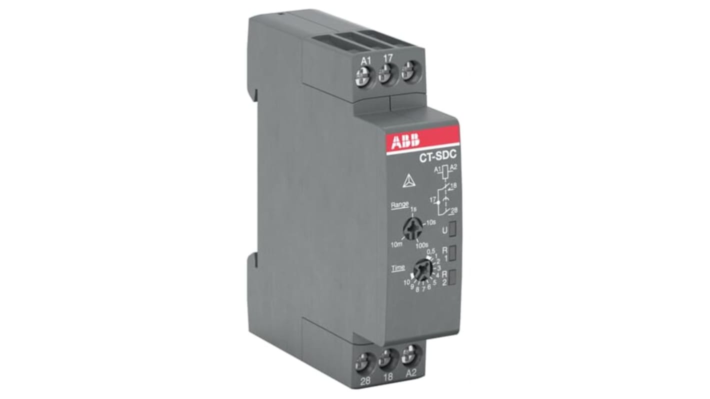 ABB Timer Relay a innesto per guida DIN, intervallo 0.05 s - 10 min, 2 poli, 24-240V ca, 4A, dimensioni 17.5x63x63 mm.