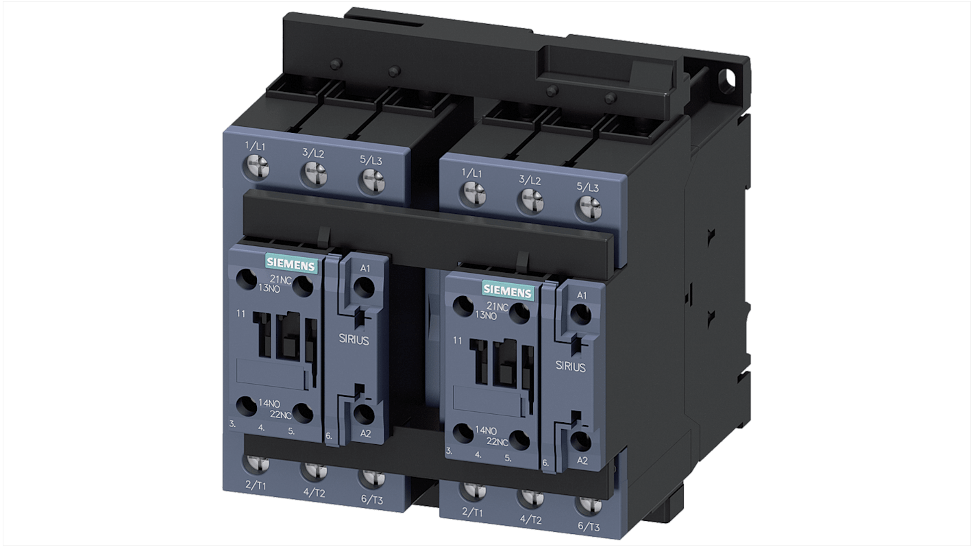 Teleinvertore Reversibile Siemens 3RA2336-8XB30-1AL2, 3 poli, 50 A, 22 kW, montaggio a vite, classe di protezione IP20.