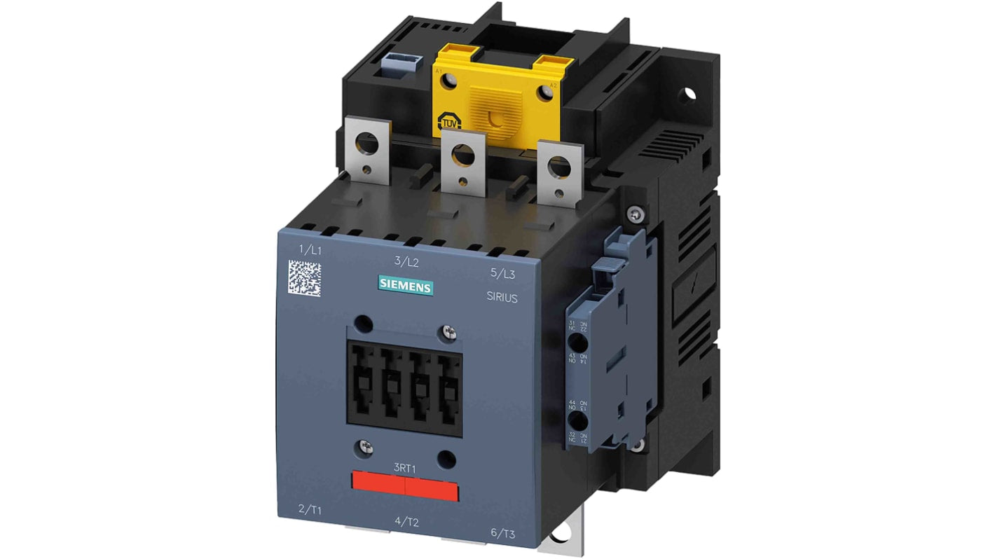 Contattore Siemens 3RT1055-6SP36-3PA0, 3 poli, 2 NO + 2 NC, 150 A, bobina 277 V, montaggio su rotaie o terminali.