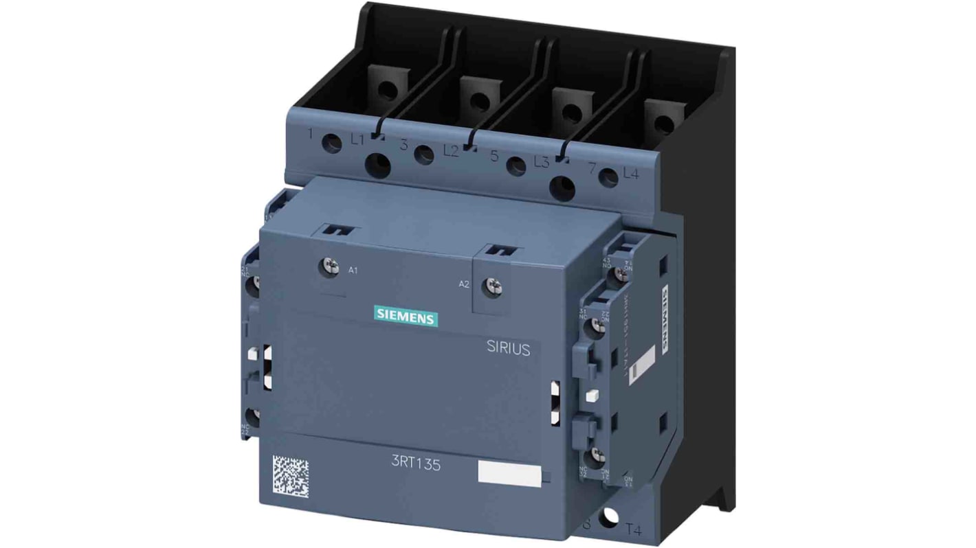Contattore Siemens 3RT1355-6AP36, 4 poli, 2 NO + 2 NC, corrente 200 A, tensione bobina 250 V c.a., grado di protezione IP20.