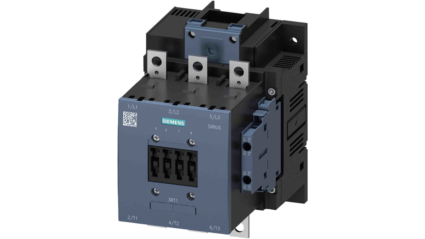 Contattore Siemens 3RT1456-6AB36, 3 poli, 2 NO + 2 NC, 275 A, bobina 24 V c.c., design compatto, montaggio su rotaie.