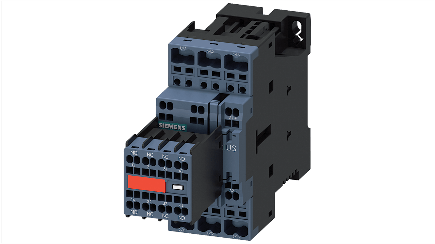Contattore Siemens 3RT2025-2DB44-3MA0, 3 poli, 2 NO + 2 NC, 17 A, bobina 24 V c.c., design compatto e resistente.