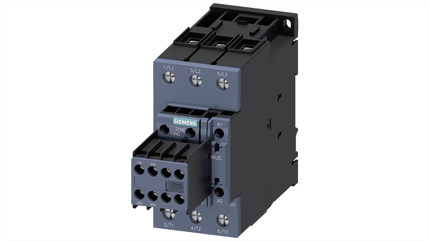 Contattore Siemens 3RT2035-1AP04, 3 poli, 2 NO + 2 NC, 40 A, montaggio a vite, temperatura -25/+60 °C, grado di protezione IP20.